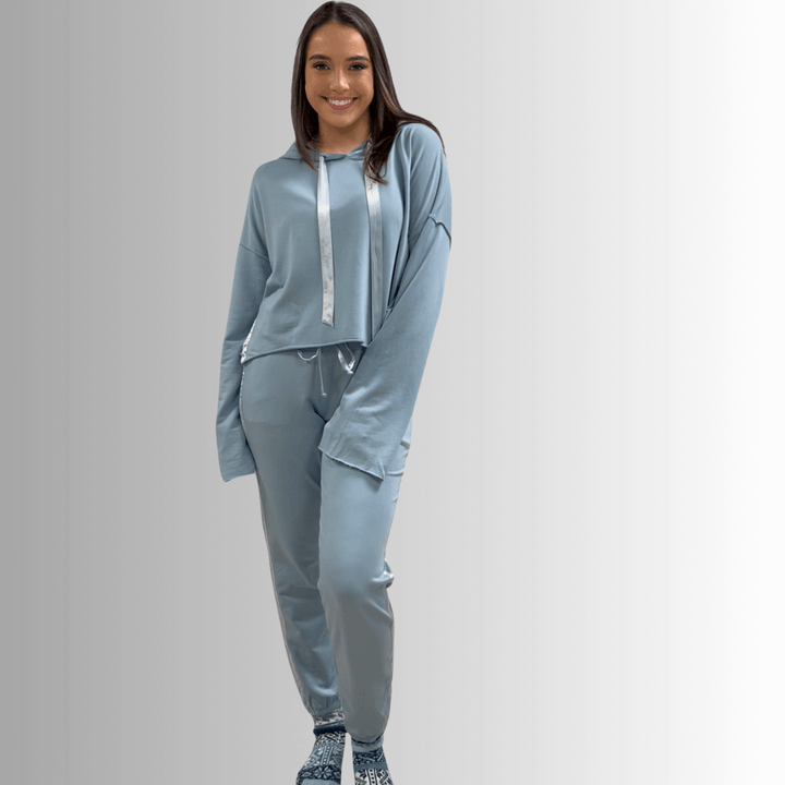 Made in USA PJ Harlow Bianca Premium Women's Loungewear Cropped Length Hoodie in Light Blue,  Super Soft Cotton Blend with Satin Finish | Classy Cozy Cool Made in America Boutique