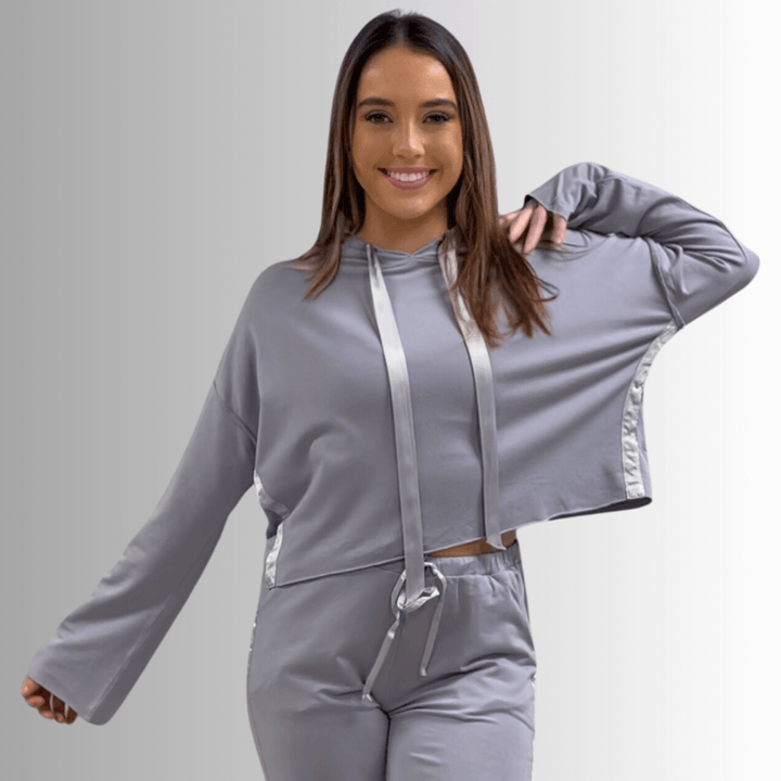 Made in USA PJ Harlow Bianca Premium Women's Loungewear Cropped Length Hoodie in Light Lavender,  Super Soft Cotton Blend with Satin Finish | Classy Cozy Cool Made in America Boutique