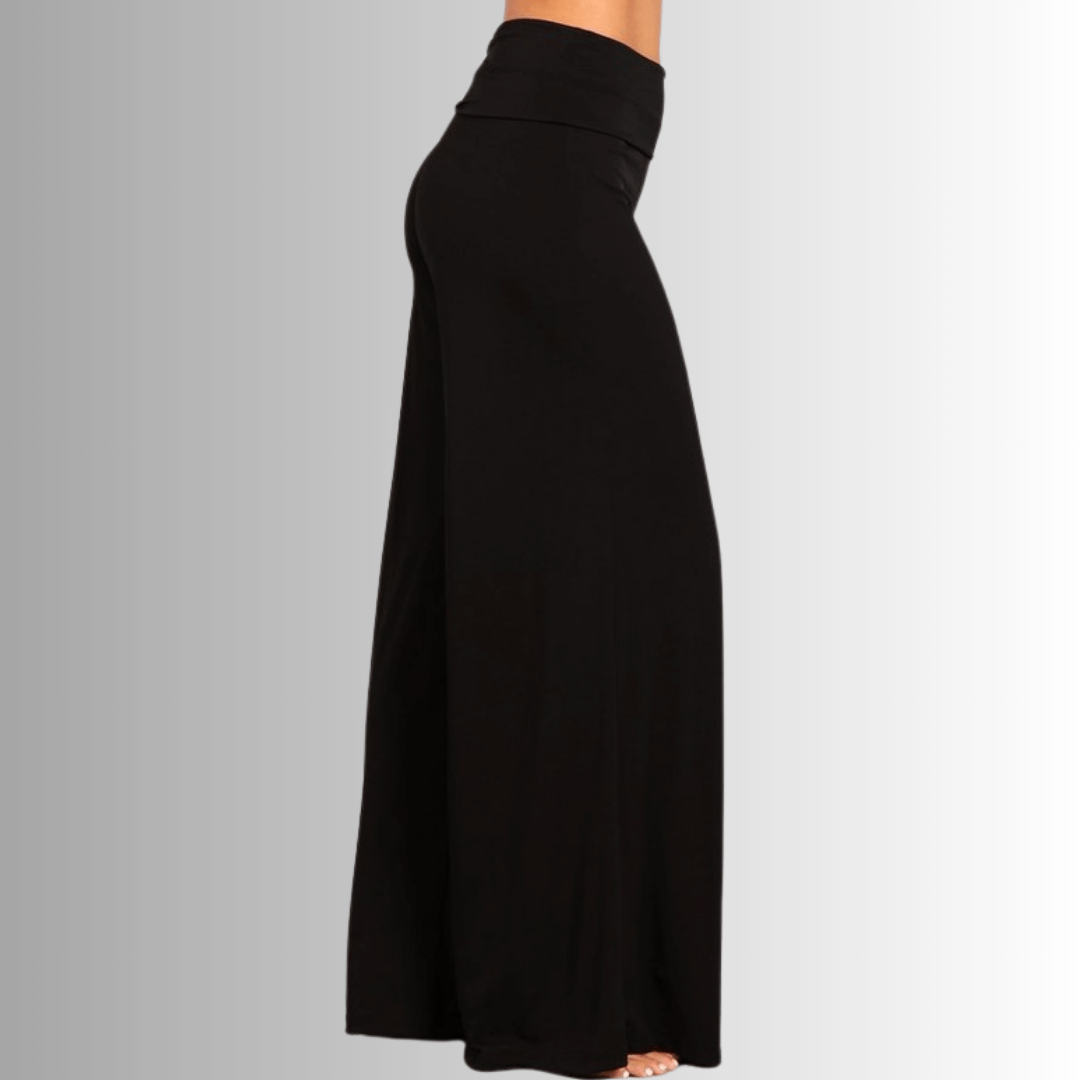 Made in USA Women's Black Business Casual Palazzo Pants with Fold Over Waist in Black | Classy Cozy Cool Made in America Boutique