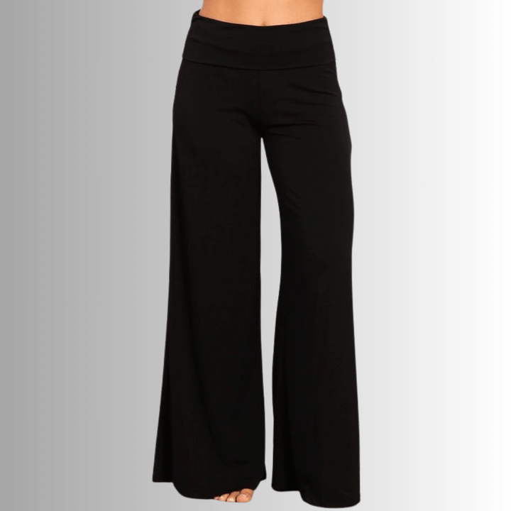 Made in USA Women's Black Business Casual Palazzo Pants with Fold Over Waist in Black | Classy Cozy Cool Made in America Boutique