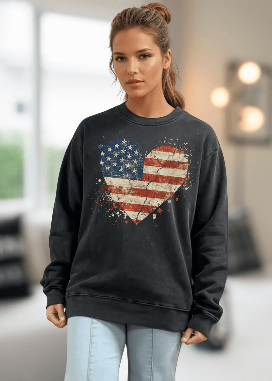 Celebrate American pride with this heavyweight sweatshirt, featuring a distressed flag heart graphic on pigment-dyed cotton fleece. The relaxed crew neck silhouette and long sleeves deliver comfort through fall and winter months. Crafted from 100% preshrunk cotton and made in the USA, this piece resists fading and maintains its shape wash after wash. 