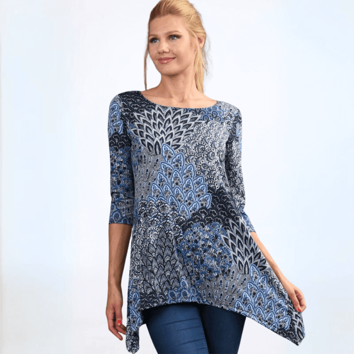 Women's Modern Peacock Shades of Blue Asymmetrical Tunic Top, Boat Neck, Half Sleeves, Lightweight, Shark Bite Hemline | Made in USA | Classy Cozy Cool Made in America Boutique