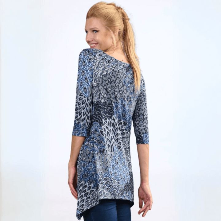 Women's Modern Peacock Shades of Blue Asymmetrical Tunic Top, Boat Neck, Half Sleeves, Lightweight, Shark Bite Hemline | Made in USA | Classy Cozy Cool Made in America Boutique