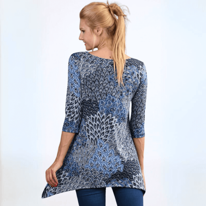 Women's Modern Peacock Shades of Blue Asymmetrical Tunic Top, Boat Neck, Half Sleeves, Lightweight, Shark Bite Hemline | Made in USA | Classy Cozy Cool Made in America Boutique