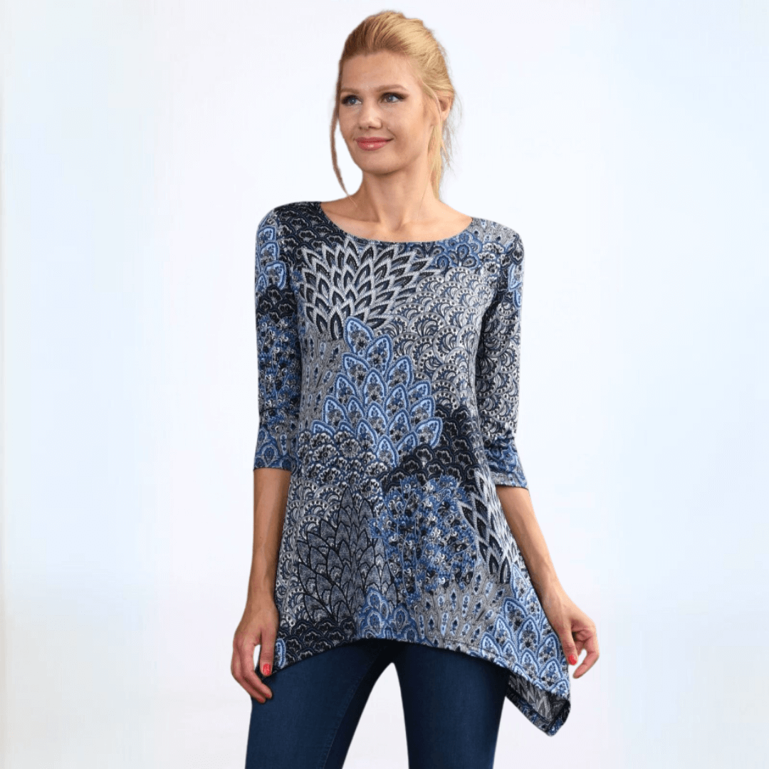 Women's Modern Peacock Shades of Blue Asymmetrical Tunic Top, Boat Neck, Half Sleeves, Lightweight, Shark Bite Hemline | Made in USA | Classy Cozy Cool Made in America Boutique