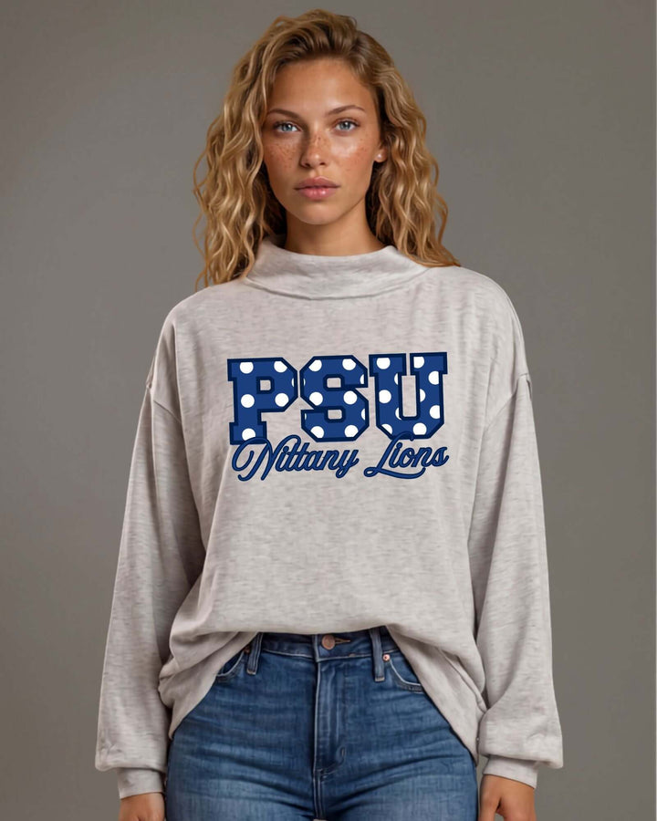 Penn State Nittany Lions gameday polka dot mock neck sweatshirt in heather grey. Oversized, super soft, made in USA. Perfect gameday top. Sizes S–L.
