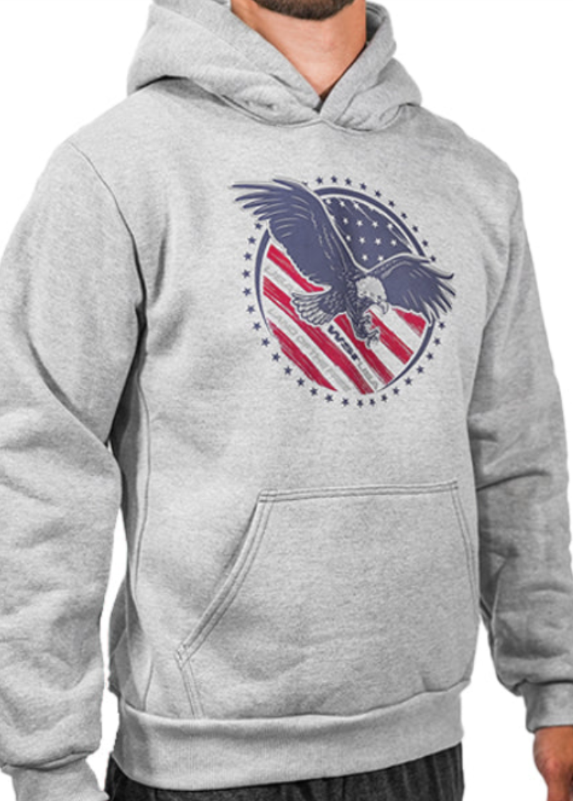 Made in USA WSI Sportswear Men's Distressed Flag Heavy Weight Fleece Hoodie in Heather Gray with Patriotic Graphic, Comfortable and durable 20 ounce heavy-weight fleece, Built in hood and kangaroo pocket, Ribbed cuffs, The heavy-weight fleece fabric will keep you extremely warm in the winter Proudly Made in USA since 1990 Heavy-Weight Fleece: 90% Cotton, 10% Polyester 