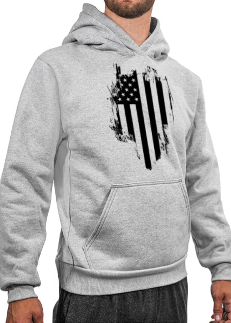 Made in USA WSI Sportswear Men's Distressed Flag Heavy Weight Fleece Hoodie in Heather Gray with Patriotic Graphic, Comfortable and durable 20 ounce heavy-weight fleece, Built in hood and kangaroo pocket, Ribbed cuffs, The heavy-weight fleece fabric will keep you extremely warm in the winter Proudly Made in USA since 1990 Heavy-Weight Fleece: 90% Cotton, 10% Polyester 