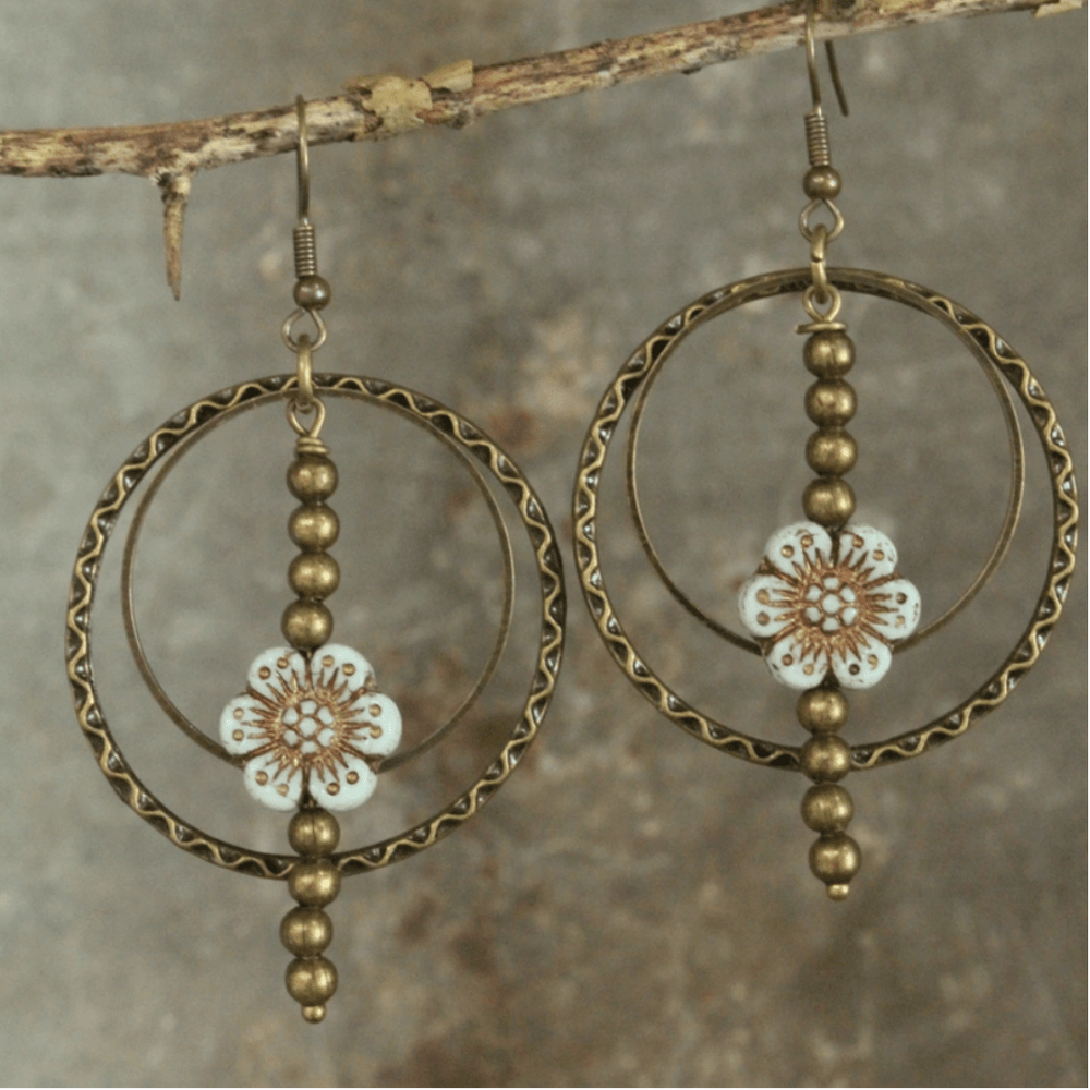 Natural Stone Jewelry Designed and Made in USA, Bronze with Picasso Wildflower Glass Bead Dangle Hoop Earrings | Classy Cozy Cool Made in America Boutique