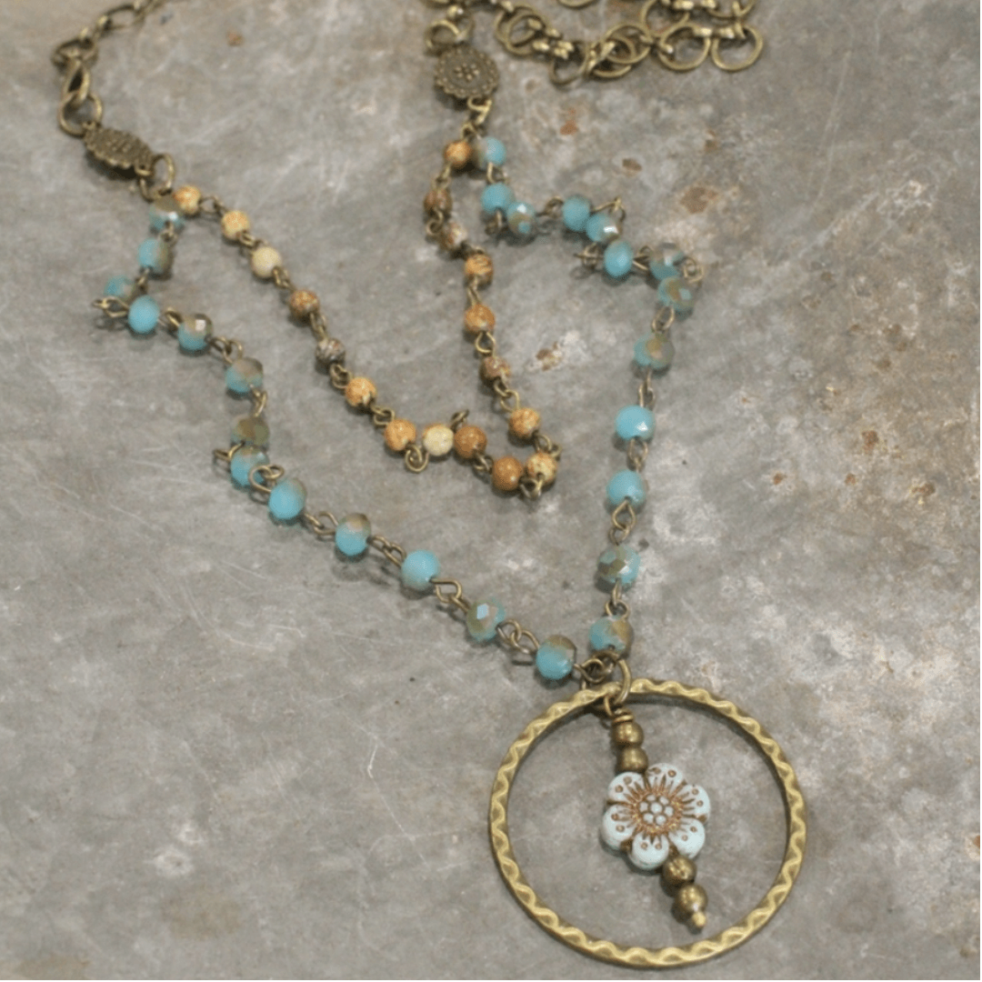 Natural Stone Jewelry Designed and Made in USA, Double Layered Vintage Inspired Bohemian Picasso Wildflower Pendant Necklace in Aqua and Earth Tones