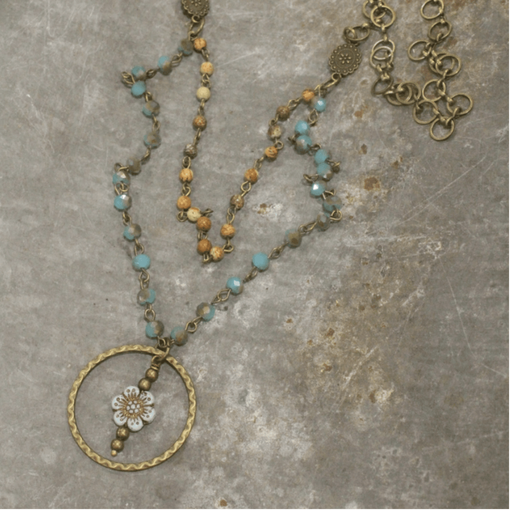 Natural Stone Jewelry Designed and Made in USA, Double Layered Vintage Inspired Bohemian Picasso Wildflower Pendant Necklace in Aqua and Earth Tones