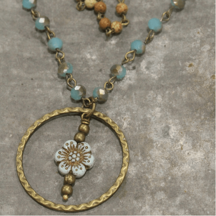 Natural Stone Jewelry Designed and Made in USA, Double Layered Vintage Inspired Bohemian Picasso Wildflower Pendant Necklace in Aqua and Earth Tones