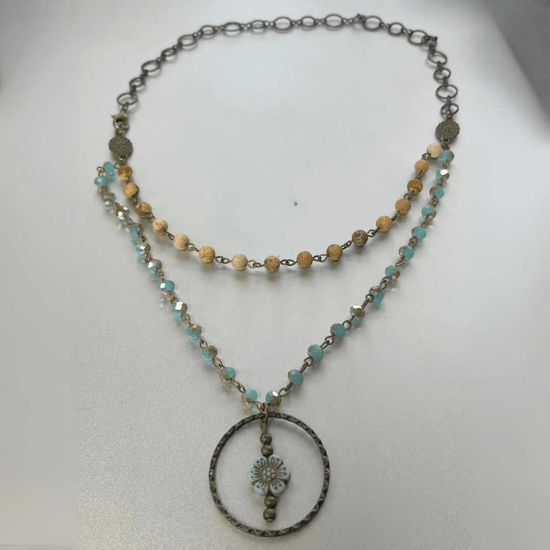 Natural Stone Jewelry Designed and Made in USA, Double Layered Vintage Inspired Bohemian Picasso Wildflower Pendant Necklace in Aqua and Earth Tones