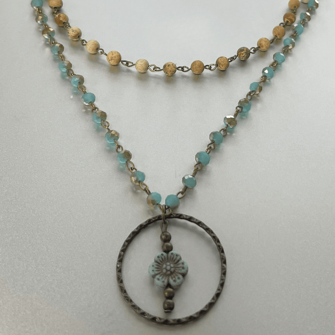 Natural Stone Jewelry Designed and Made in USA, Double Layered Vintage Inspired Bohemian Picasso Wildflower Pendant Necklace in Aqua and Earth Tones