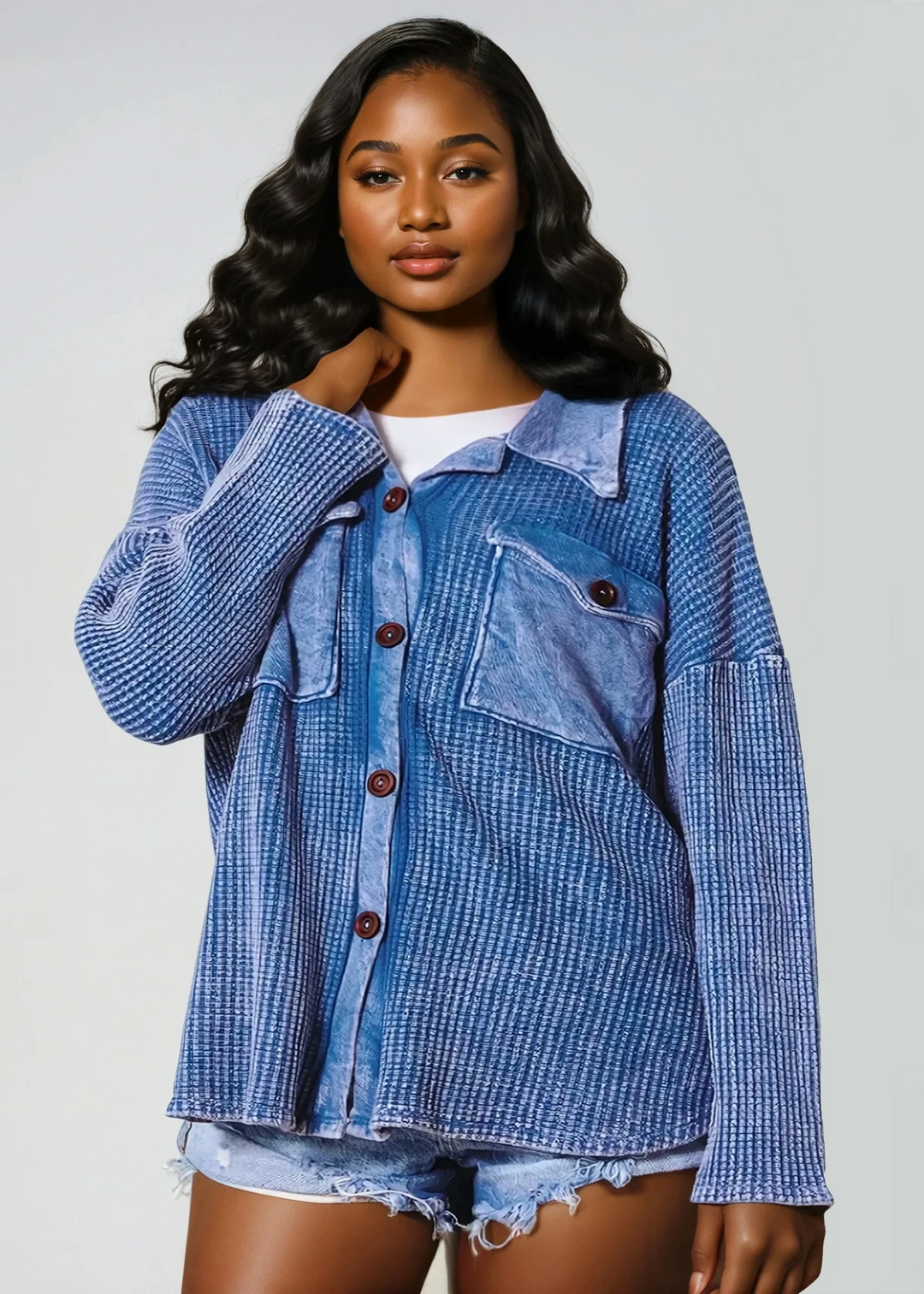 Made in USA Women's  Plus Size Vintage Washed Cotton Button Down Waffle Knit Shirt Jacket in Denim Blue | Bucket List Style # T1504