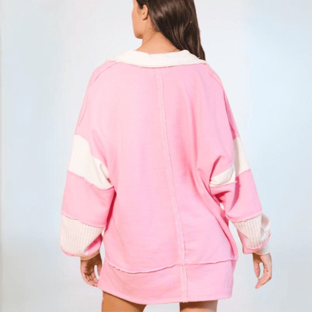 Brand: Bucket List Clothing Style# T2004 | Oversized Ladies French Terry 100% Cotton Color Block Sweatshirt with Collar in Pink/Cream | Made in USA