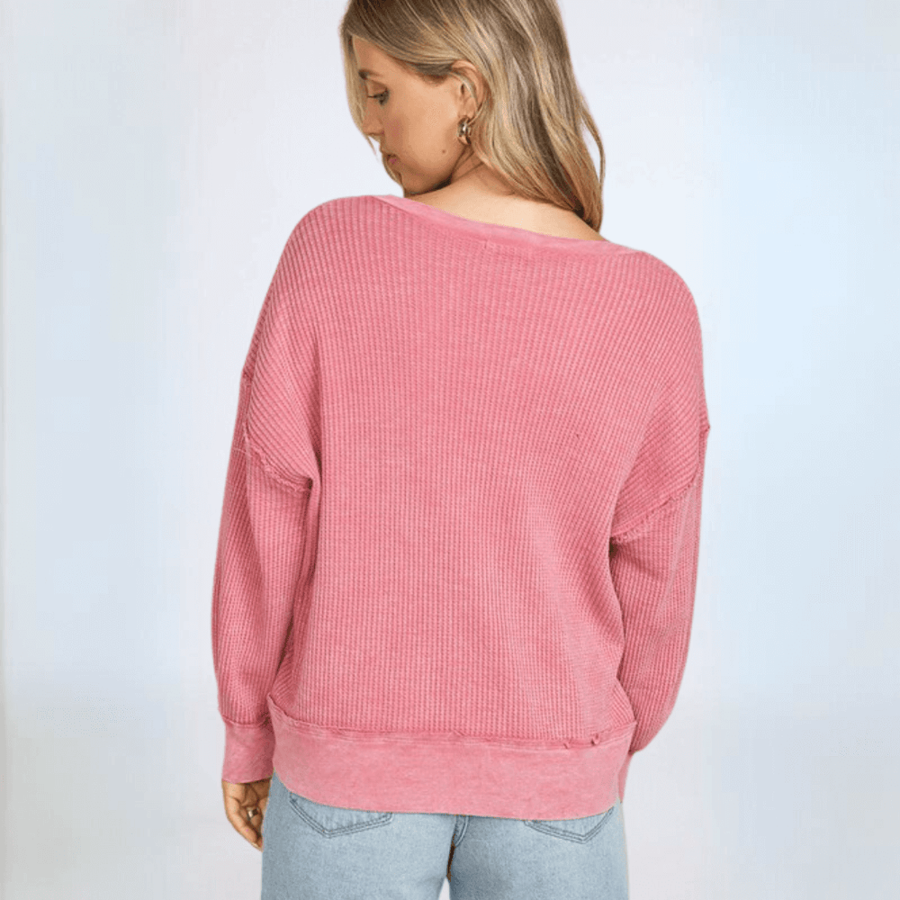 Made in USA Women's Slouchy Mineral Washed Pink Waffle Sweatshirt Top, Medium Weight, Oversized Fit, Raw Edge Exposed Seams | Classy Cozy Cool Made in America Boutique