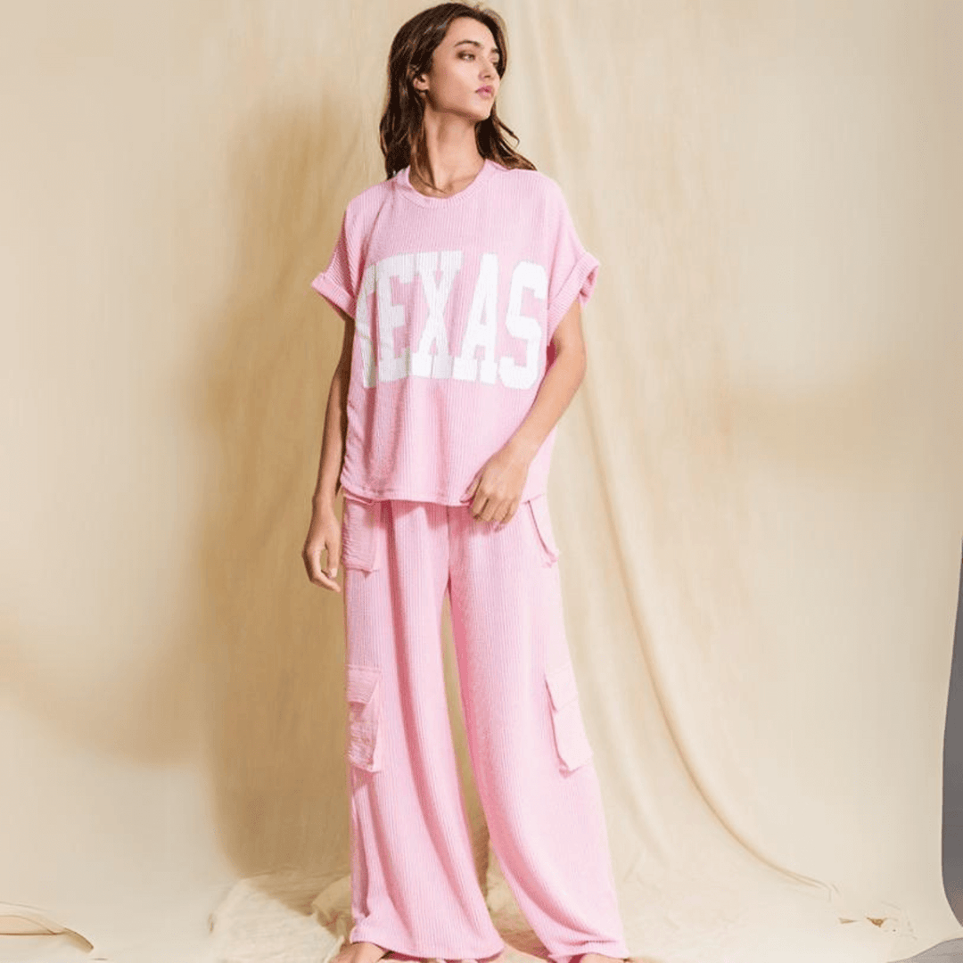 Bucket List Fashion Clothing Style# P5353 | Women's  Pink Patch Pocket Wide Leg Ribbed Cargo Pants Made in USA | Classy Cozy Cool Made in America Boutique