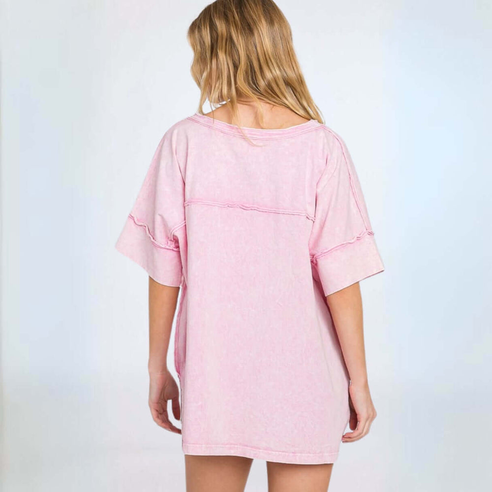 Made in USA Women's 100% Cotton Mineral Washed Pink Oversized V-Neck T-Shirt with Raw Edge Detail | Classy Cozy Cool Made in America Boutique