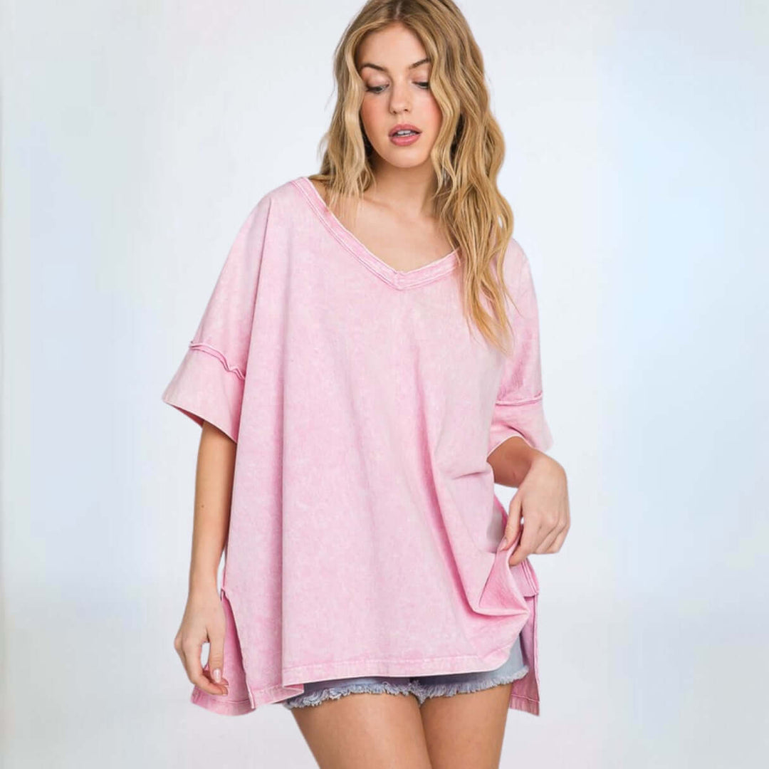 Made in USA Women's 100% Cotton Mineral Washed Pink Oversized V-Neck T-Shirt with Raw Edge Detail | Classy Cozy Cool Made in America Boutique