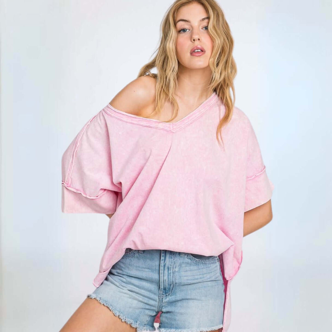 Made in USA Women's 100% Cotton Mineral Washed Pink Oversized V-Neck T-Shirt with Raw Edge Detail | Classy Cozy Cool Made in America Boutique