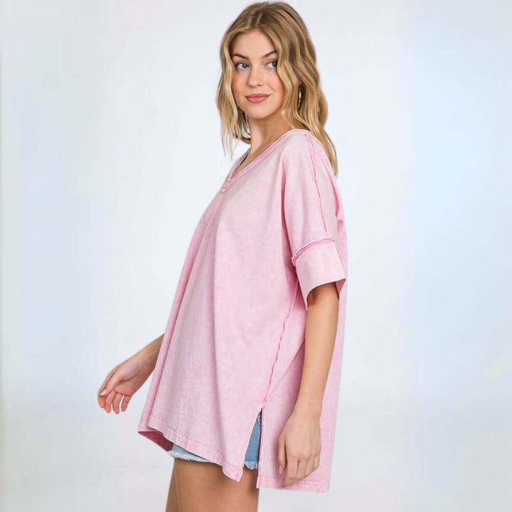 Made in USA Women's 100% Cotton Mineral Washed Pink Oversized V-Neck T-Shirt with Raw Edge Detail | Classy Cozy Cool Made in America Boutique