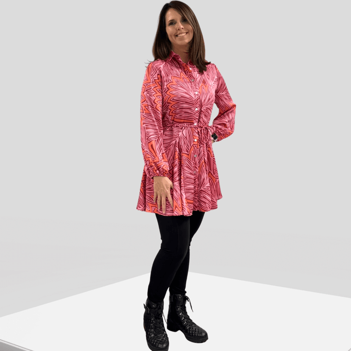 Made in USA Women's Button Down Mini Shirt Dress or Tunic with Tie Waist, Collared, Relaxed Fit, Long Sleeves, Elastic Cuffs, in a Unique Pink and Red Pattern | Classy Cozy Cool Made in America Boutique