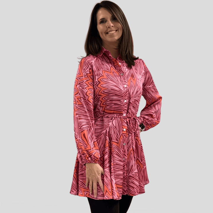 Made in USA Women's Button Down Mini Shirt Dress or Tunic with Tie Waist, Collared, Relaxed Fit, Long Sleeves, Elastic Cuffs, in a Unique Pink and Red Pattern | Classy Cozy Cool Made in America Boutique