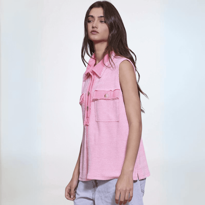 Ladies Pink Cotton Oversized Sleeveless Henley With Contrast Detail and Large Front Pockets | Made in USA | Bucket List Clothing Style# T2301