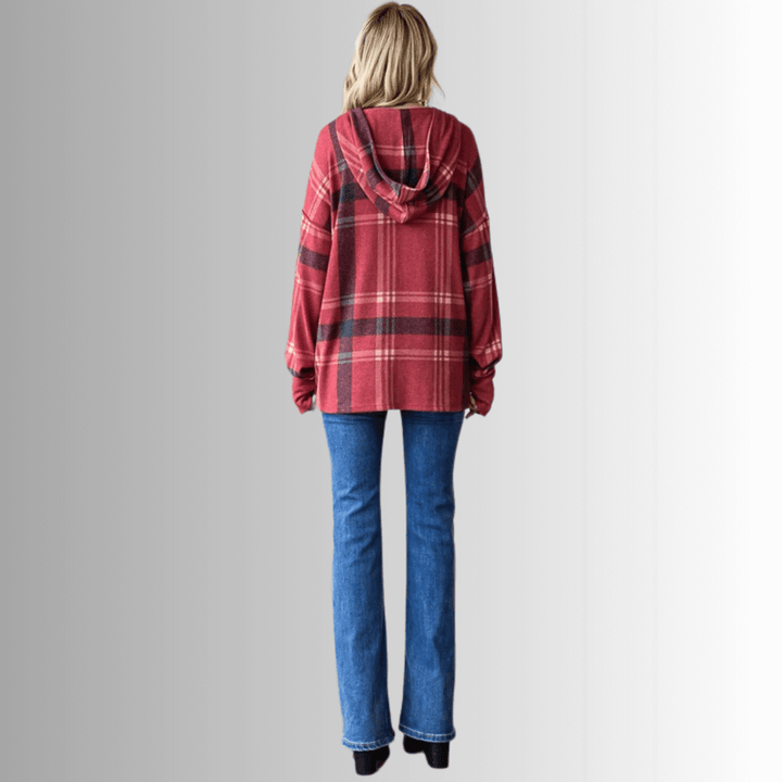 Made in USA Women's Blake Hoodie, Soft Dark Red Plaid Hoodie with Long Sleeves and Thumbhole, Kangaroo Front Pocket, Button Down V-Neck | Classy Cozy Cool Made in USA Boutique