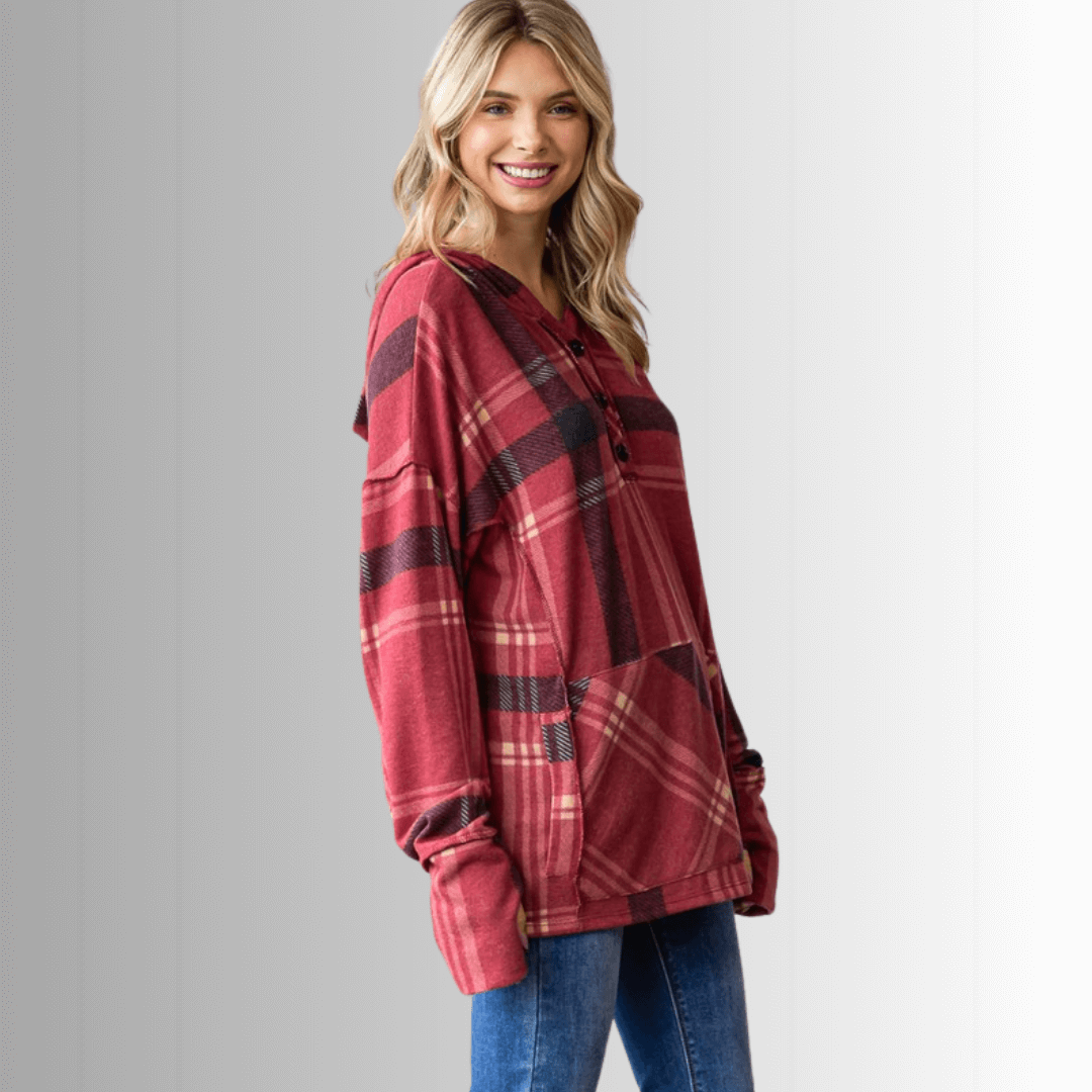 Made in USA Women's Blake Hoodie, Soft Dark Red Plaid Hoodie with Long Sleeves and Thumbhole, Kangaroo Front Pocket, Button Down V-Neck | Classy Cozy Cool Made in USA Boutique