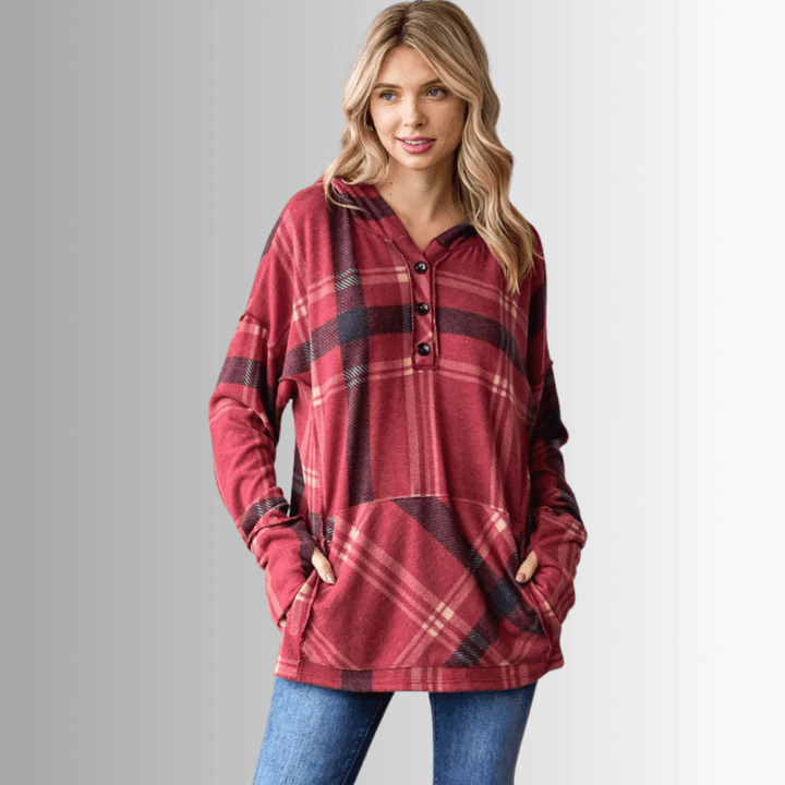 Made in USA Women's Blake Hoodie, Soft Dark Red Plaid Hoodie with Long Sleeves and Thumbhole, Kangaroo Front Pocket, Button Down V-Neck | Classy Cozy Cool Made in USA Boutique