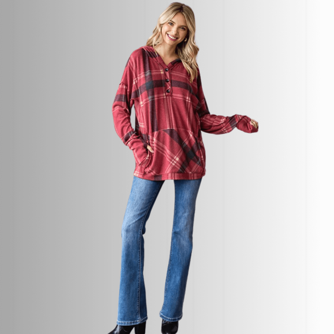 Made in USA Women's Blake Hoodie, Soft Dark Red Plaid Hoodie with Long Sleeves and Thumbhole, Kangaroo Front Pocket, Button Down V-Neck | Classy Cozy Cool Made in USA Boutique