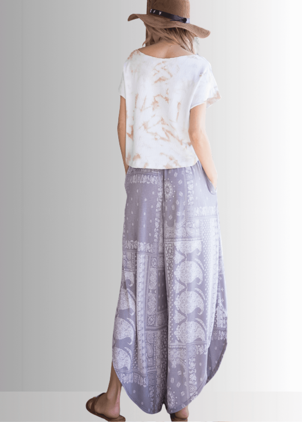 BoHo Light Gray wide Leg Paisley Print Design Pants | Brand: Bucket List Style # P5024 | Made in the USA | Classy Cozy Cool Women’s Clothing Boutique