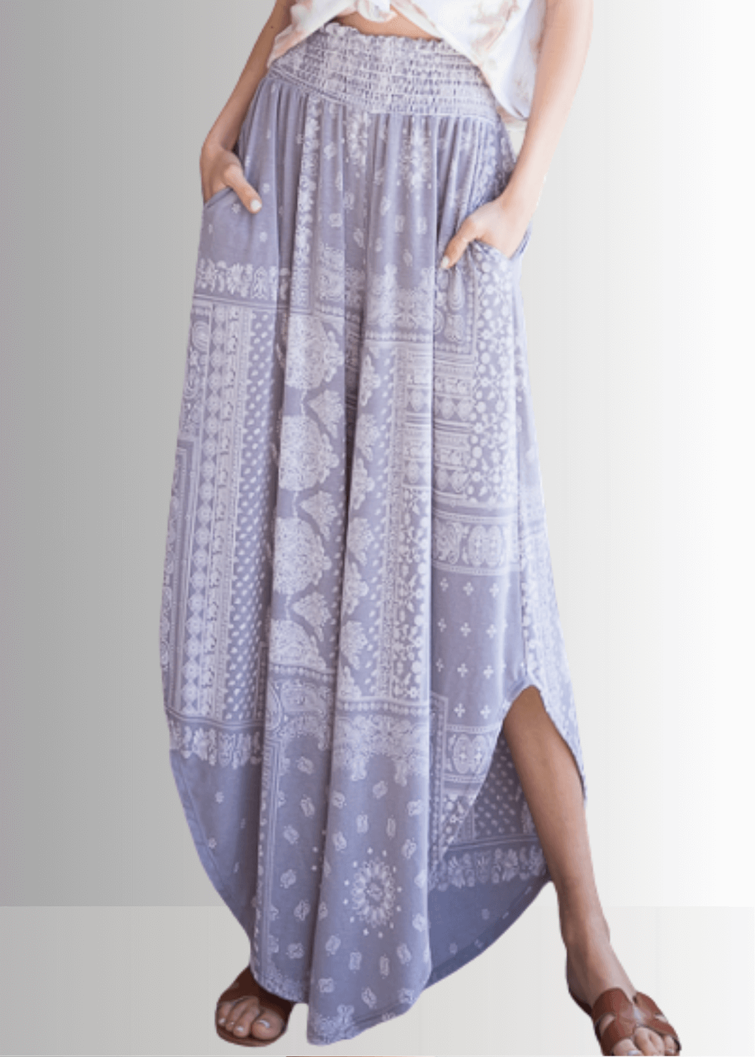 BoHo Light Gray wide Leg Paisley Print Design Pants | Brand: Bucket List Style # P5024 | Made in the USA | Classy Cozy Cool Women’s Clothing Boutique
