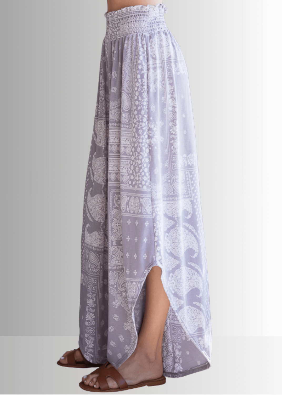 BoHo Light Gray wide Leg Paisley Print Design Pants | Brand: Bucket List Style # P5024 | Made in the USA | Classy Cozy Cool Women’s Clothing Boutique