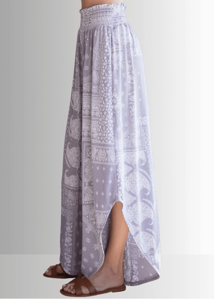 BoHo Light Gray wide Leg Paisley Print Design Pants | Brand: Bucket List Style # P5024 | Made in the USA | Classy Cozy Cool Women’s Clothing Boutique