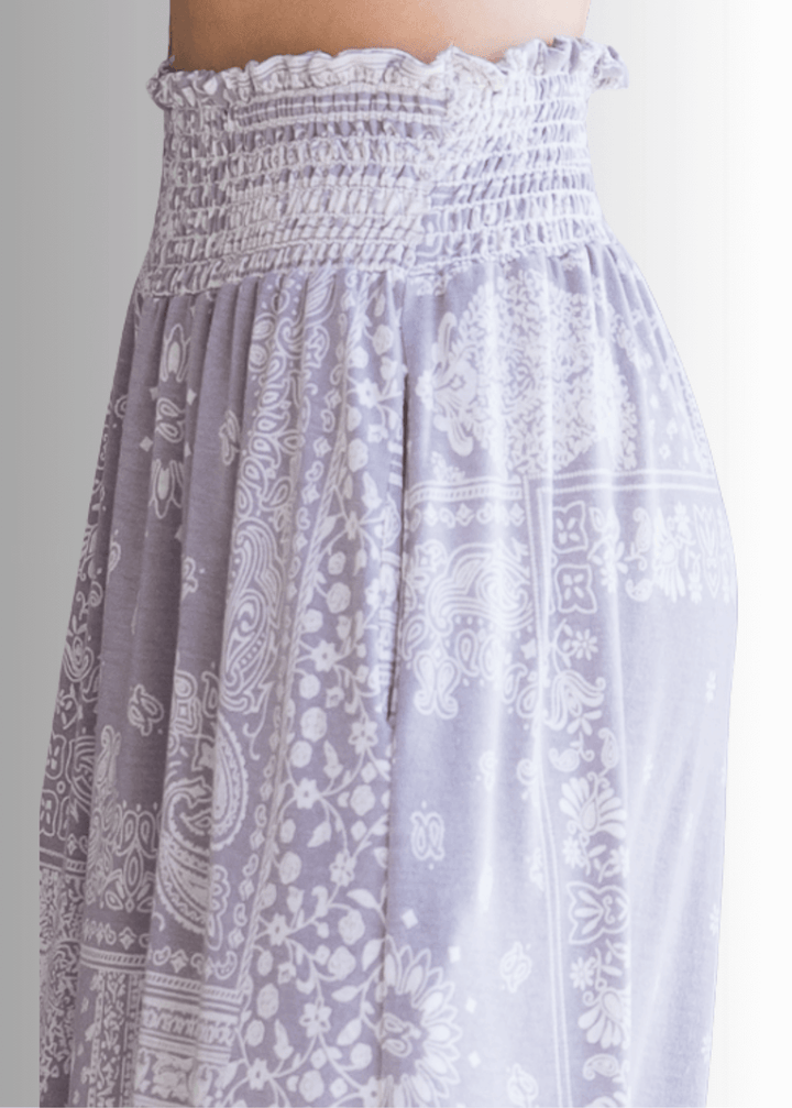 BoHo Light Gray wide Leg Paisley Print Design Pants | Brand: Bucket List Style # P5024 | Made in the USA | Classy Cozy Cool Women’s Clothing Boutique