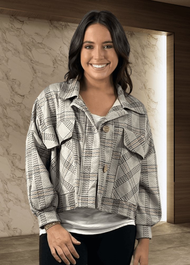Bucket List Ladies Oversized Suede Herringbone Plaid Print Shacket with Oversized Front Utility Pockets in Light Gray | Style# T1220 | Made in USA 