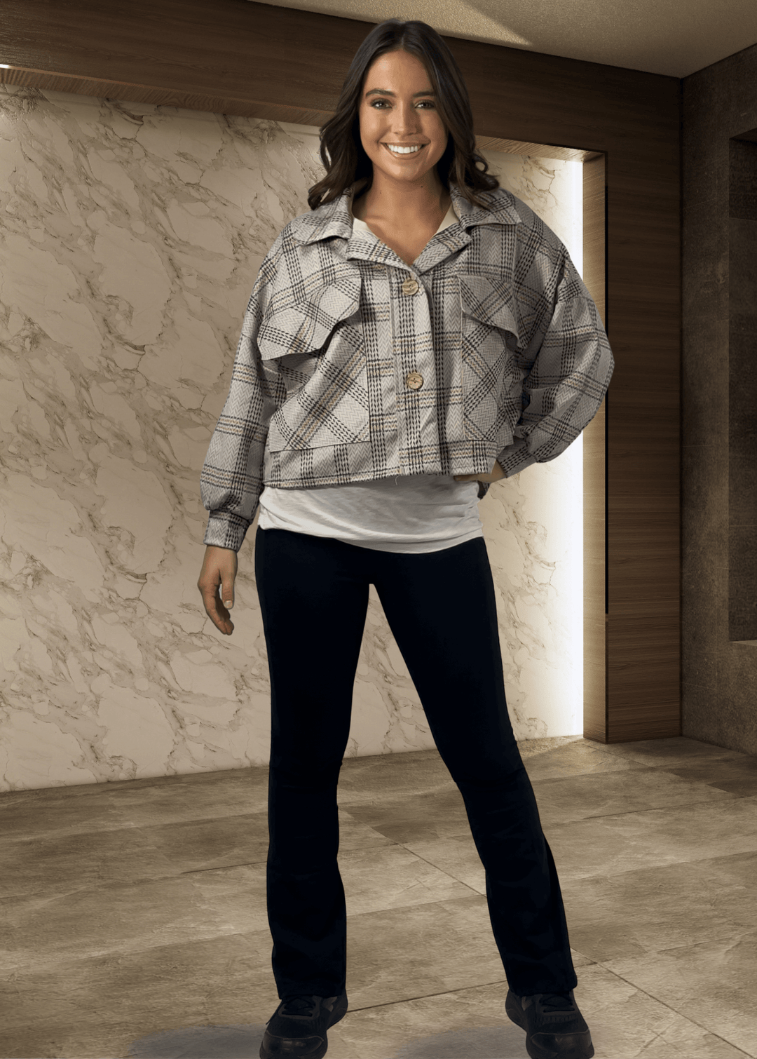 Bucket List Ladies Oversized Suede Herringbone Plaid Print Shacket with Oversized Front Utility Pockets in Light Gray | Style# T1220 | Made in USA 