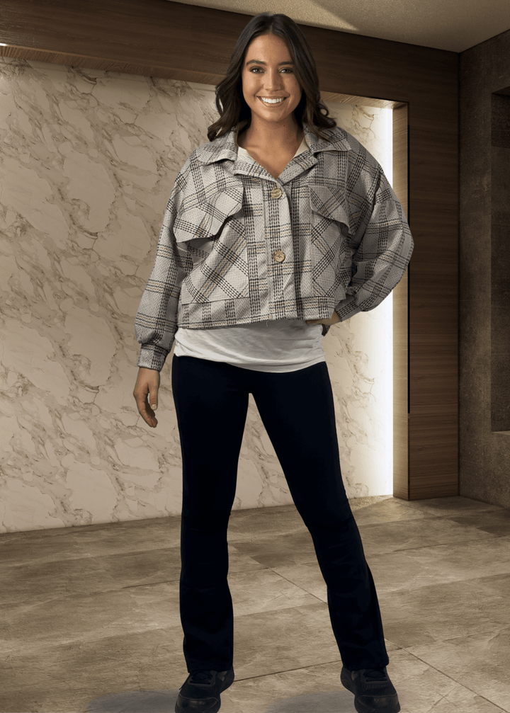 Bucket List Ladies Oversized Suede Herringbone Plaid Print Shacket with Oversized Front Utility Pockets in Light Gray | Style# T1220 | Made in USA 