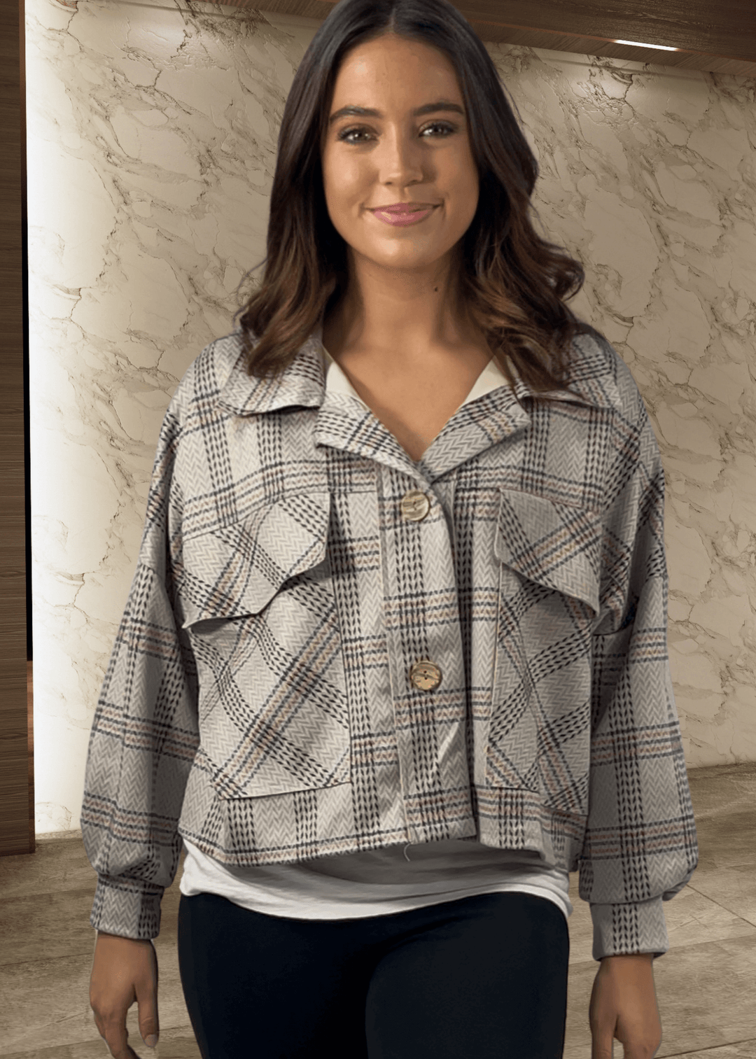 Bucket List Ladies Oversized Suede Herringbone Plaid Print Shacket with Oversized Front Utility Pockets in Light Gray | Style# T1220 | Made in USA 