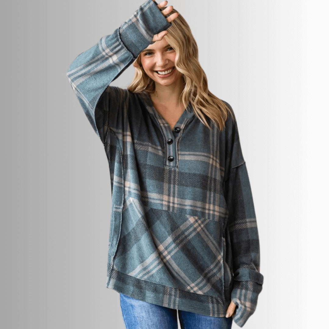 Made in USA Women's Blake Hoodie, Soft Dark Jade Green Plaid Hoodie with Long Sleeves and Thumbhole, Kangaroo Front Pocket, Button Down V-Neck