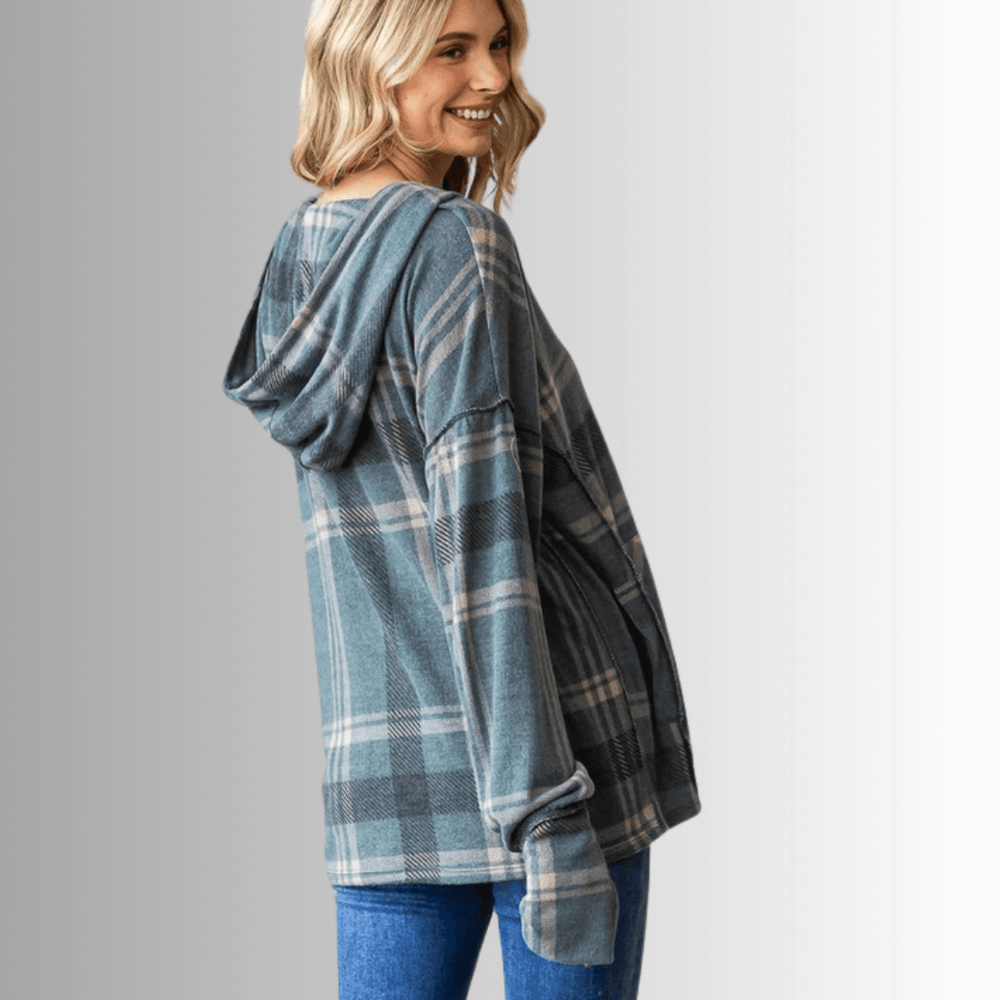 Made in USA Women's Blake Hoodie, Soft Dark Jade Green Plaid Hoodie with Long Sleeves and Thumbhole, Kangaroo Front Pocket, Button Down V-Neck