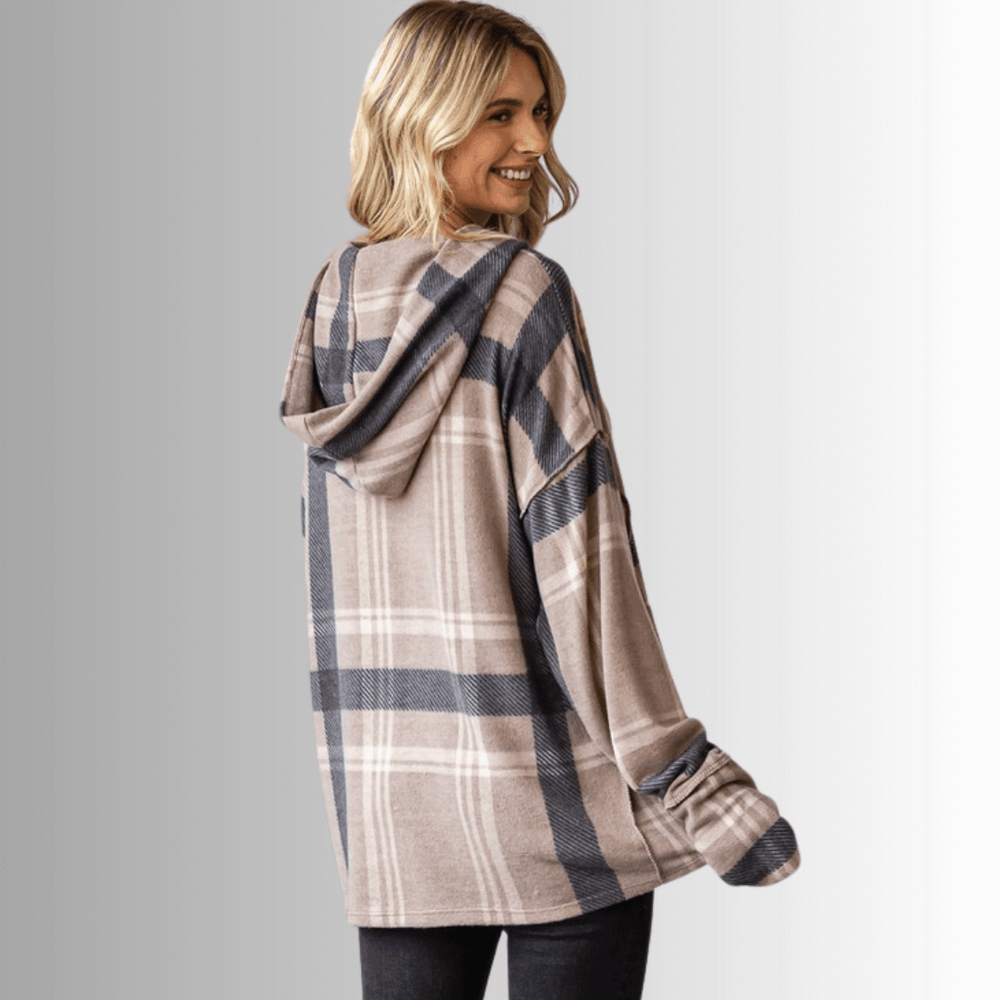 Made in USA Women's Blake Hoodie, Soft Light Mocha Tan Plaid Hoodie with Long Sleeves and Thumbhole, Kangaroo Front Pocket, Button Down V-Neck