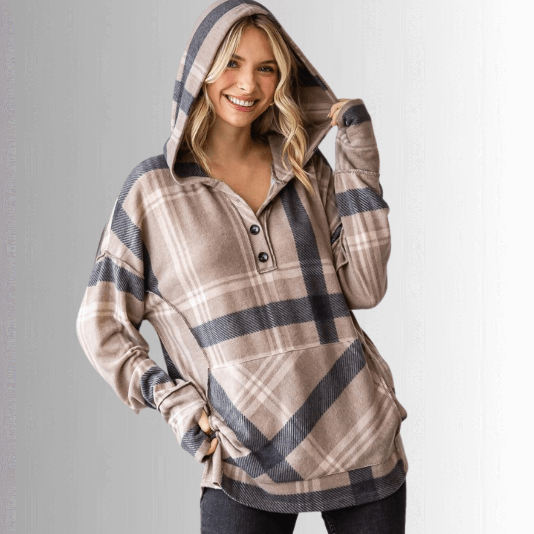 Made in USA Women's Blake Hoodie, Soft Light Mocha Tan Plaid Hoodie with Long Sleeves and Thumbhole, Kangaroo Front Pocket, Button Down V-Neck