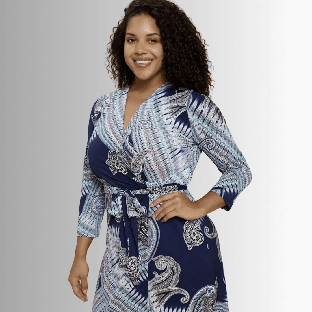 Beautiful Ladies Plus Size Navy with Large Paisley Print Jersey Midi Wrap Dress with 3/4 Sleeves | Renee C. Style #4329DRA | Made in USA | Classy Cozy Cool Clothing Boutique