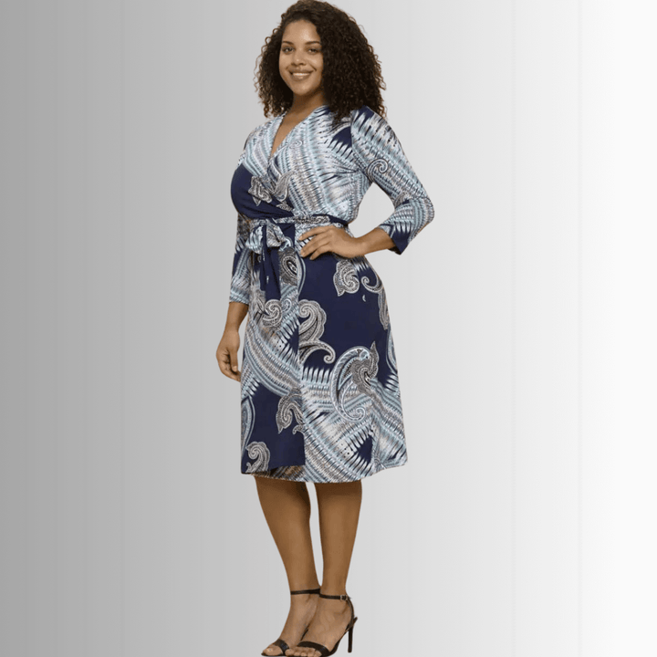 Beautiful Ladies Plus Size Navy with Large Paisley Print Jersey Midi Wrap Dress with 3/4 Sleeves | Renee C. Style #4329DRA | Made in USA | Classy Cozy Cool Clothing Boutique