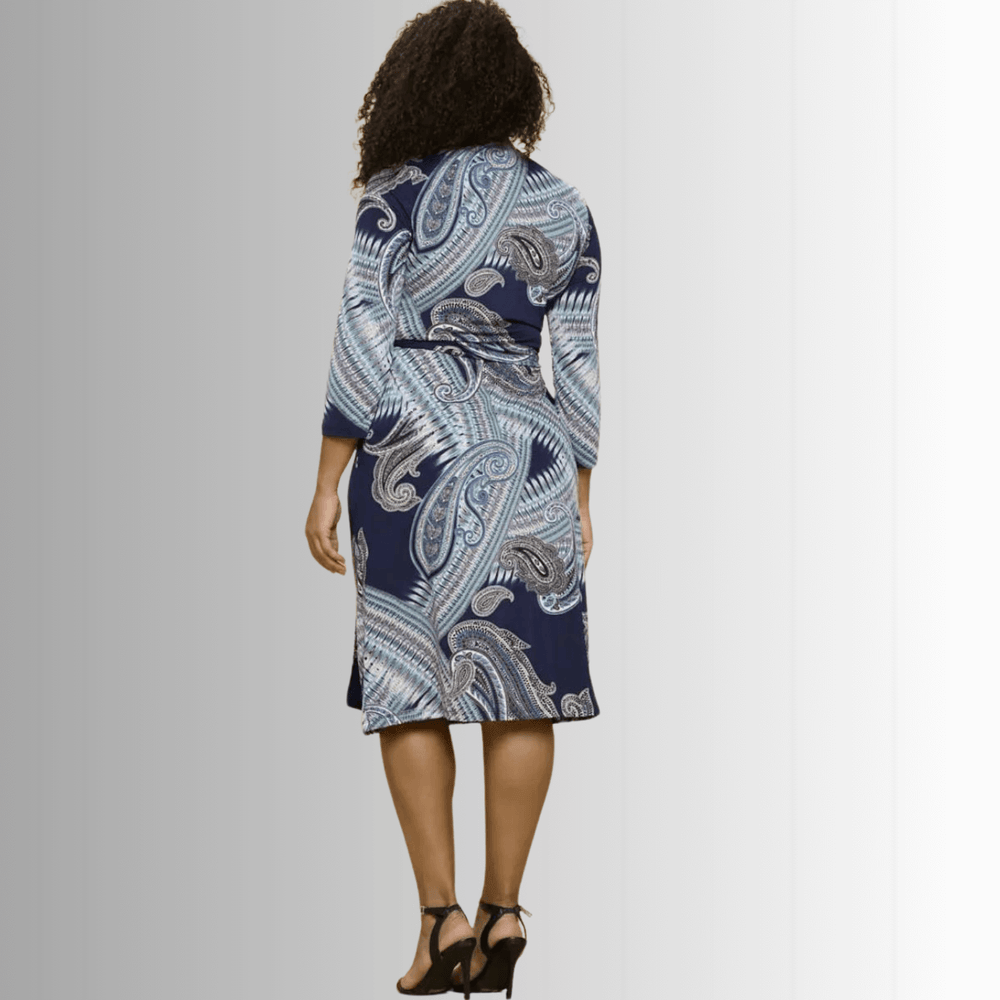 Beautiful Ladies Plus Size Navy with Large Paisley Print Jersey Midi Wrap Dress with 3/4 Sleeves | Renee C. Style #4329DRA | Made in USA | Classy Cozy Cool Clothing Boutique