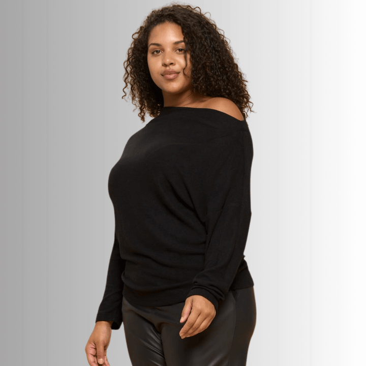 Made in USA Ladies' Plus Size Relaxed Fit Super Soft Long Sleeve Cashmere Feel Sweater Top in Black - Worn Off Shoulder or Boat Neck | Renee C Style# 4097TP | Made in America Women's Clothing Boutique